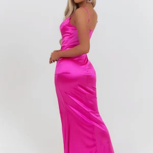 Hot Aurora Satin Gown With Side Slit - Hot Pink Women Dresses