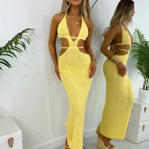 Fashion Bali Palms Crochet Maxi Dress - Yellow Women Dresses