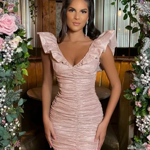 Store Bling It On Extreme Puff Sleeve Glitter Dress - Rose Gold Women Dresses