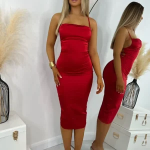 Fashion Brianna Satin Midi Dress - Red Women Dresses