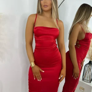 Fashion Brianna Satin Midi Dress - Red Women Dresses