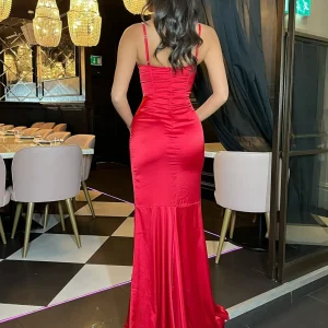 Hot Carley Diamante Satin Split Gown - Red Women Occasion Wear