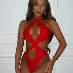 Clearance Deep Water Cut Out Swimsuit - Red Women Swimwear