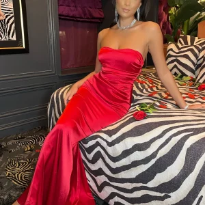 Discount Delilah Ruched Corset Satin Gown - Red Women Dresses