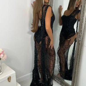 Best Diamond Nights Glitter Mesh Maxi Dress - Black Women Occasion Wear
