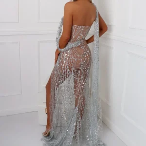 Flash Sale Diamond Nights Glitter Mesh Maxi Dress - Silver Women Occasion Wear