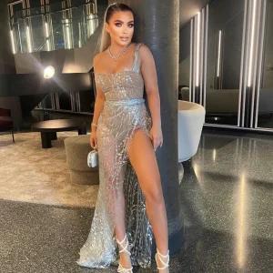 Hot Diamond Nights Glitter Mesh Maxi Dress - Silver Women Dresses
