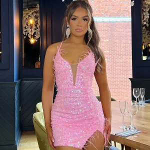 Cheap Feather Fantasy Mini Dress - Pink Women Dresses