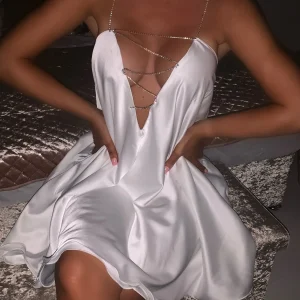 Clearance Feeling Flirty Babydoll Diamante Trim Dress - White Women Dresses