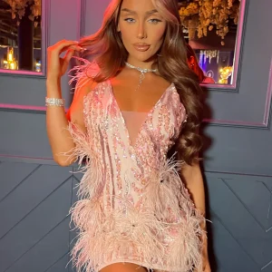 Cheap Felicity Premium Sequin Feather Mini Dress - Pink Women Dresses