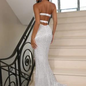 Clearance Glam Queen Sequin Split Gown - Silver Women Dresses