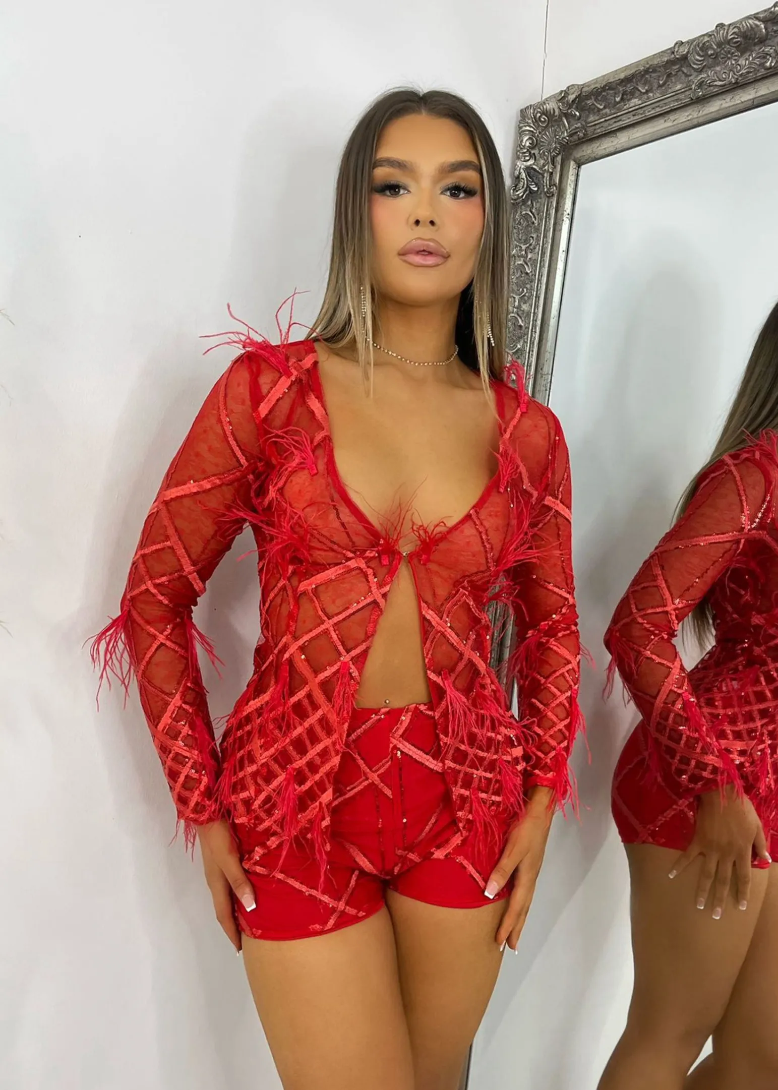 Fashion Just My Type Feather Mesh Two Piece - Red Women Co-Ords