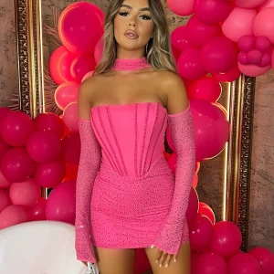 Fashion Kat Embellished Mini Dress - Hot Pink Women Dresses