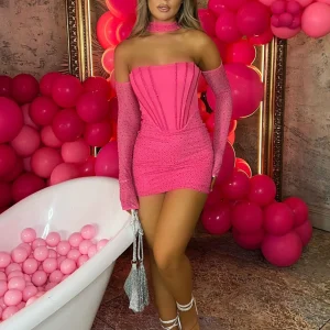 Fashion Kat Embellished Mini Dress - Hot Pink Women Dresses