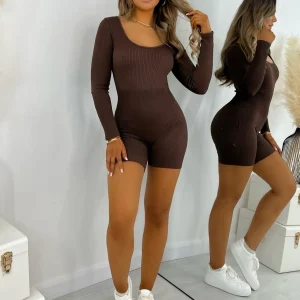 Clearance Know Your Worth Long Sleeve Romper - Brown Women Rompers & Jumpsuits