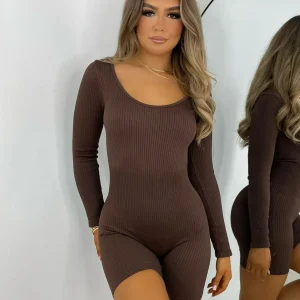 Clearance Know Your Worth Long Sleeve Romper - Brown Women Rompers & Jumpsuits