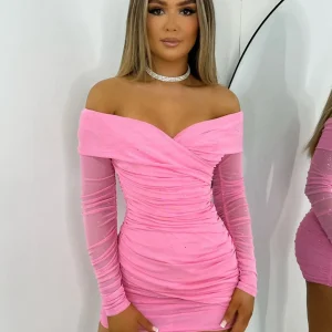 Online Kylie Sparkle Mesh Mini Dress - Baby Pink Sparkle Women Dresses