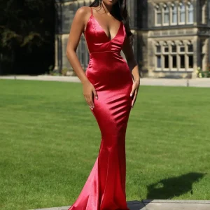 Store Love Affair Satin Gown With Ruched Back - Red Women Occasion Wear