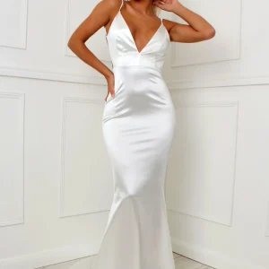 Flash Sale Love Affair Satin Gown With Ruched Back - White Women Dresses