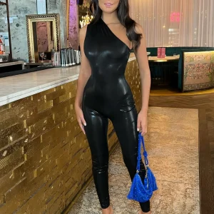 New Power Hour Metallic One Shoulder Jumpsuit - Black Women Rompers & Jumpsuits