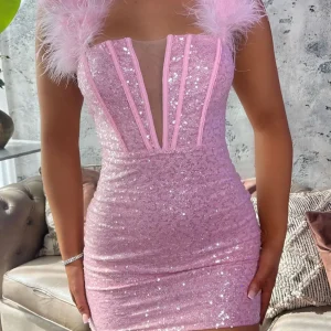 Online Saski Feather Mini Dress - Pink Women Dresses