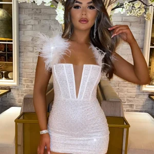 Shop Saski Feather Mini Dress - White Women Dresses