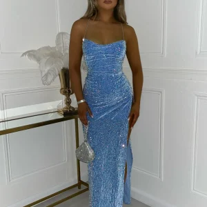Fashion Sherri Sequin Split Gown - Blue Women Dresses