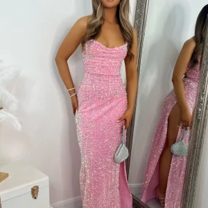 Cheap Sherri Sequin Split Gown - Pink Women Dresses