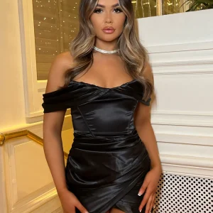Store Slipped My Mind Bardot Corset Satin Dress - Black Women Dresses