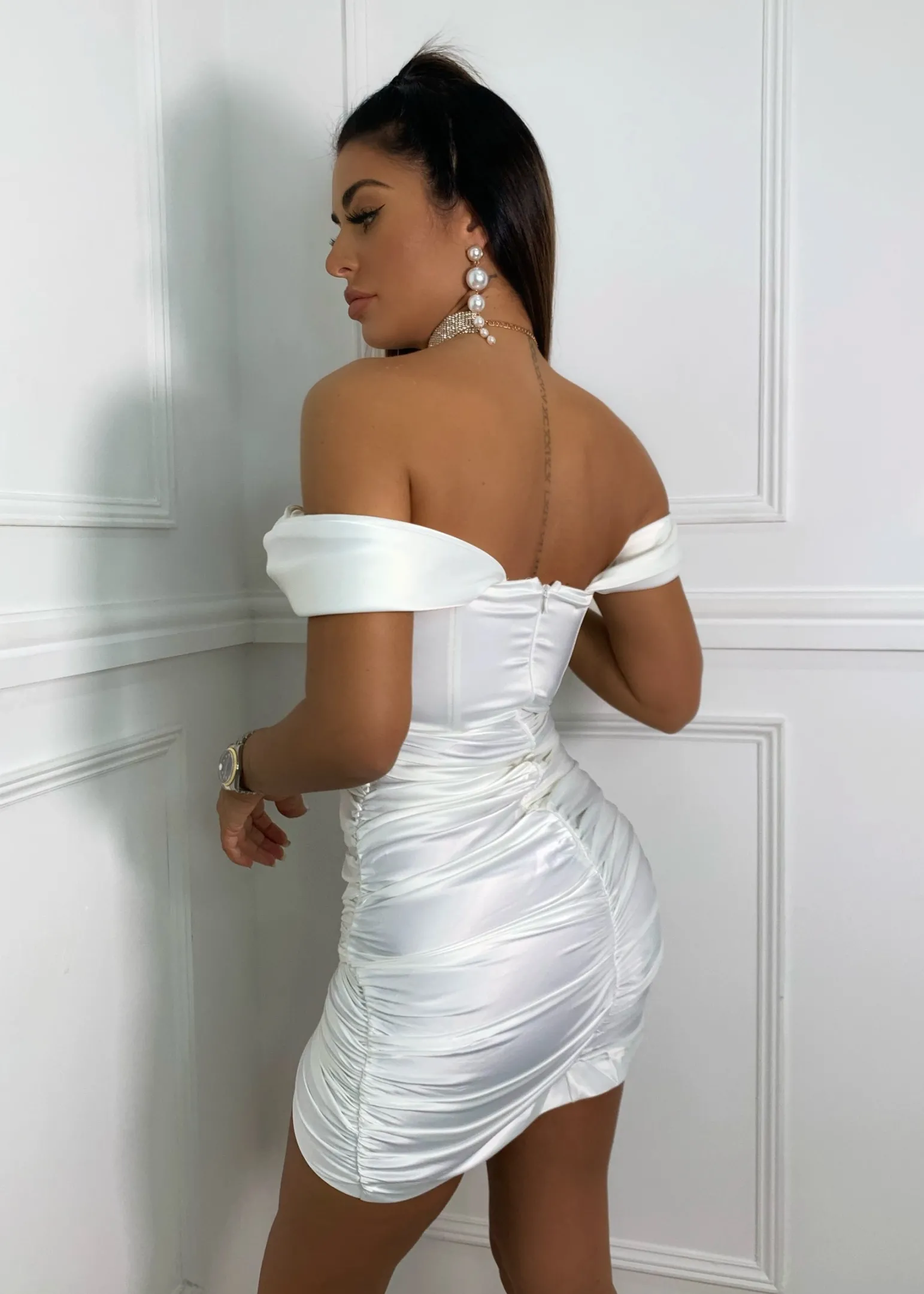 Discount Slipped My Mind Bardot Corset Satin Dress - White Women Dresses