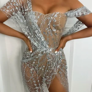 Best Sale Sparkle Delight Glitter Mesh Dress - Silver Women Dresses