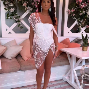 Sale Sparkle Delight Glitter Mesh Dress - White Women Dresses