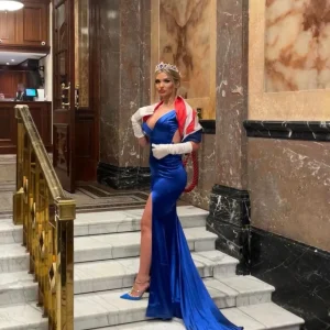 Store Touch Of Glamour Satin Gown With Side Slit - Cobalt Blue Women Occasion Wear