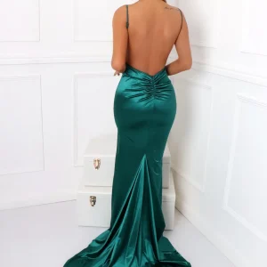Outlet Touch Of Glamour Satin Gown With Side Slit - Emerald Green Women Dresses