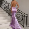 Shop Touch Of Glamour Satin Gown With Side Slit - Lilac Women Occasion Wear