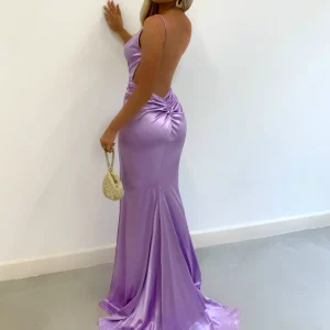 Shop Touch Of Glamour Satin Gown With Side Slit - Lilac Women Occasion Wear