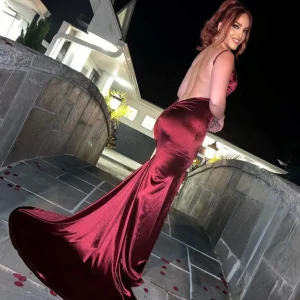 Best Sale Touch Of Glamour Satin Gown With Side Slit - Wine Women Occasion Wear