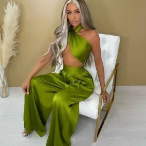 Cheap Turn Up The Heat Satin Two Piece - Green Women Co-Ords