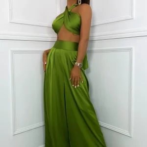Cheap Turn Up The Heat Satin Two Piece - Green Women Co-Ords