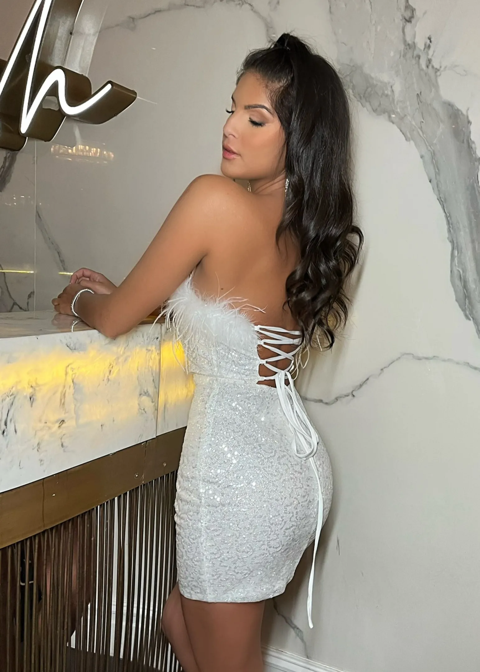 wasting_angels_feather_trim_glitter_mini_dress__white_2.webp Store Wasting Angels Feather Trim Glitter Mini Dress - White Women Dresses